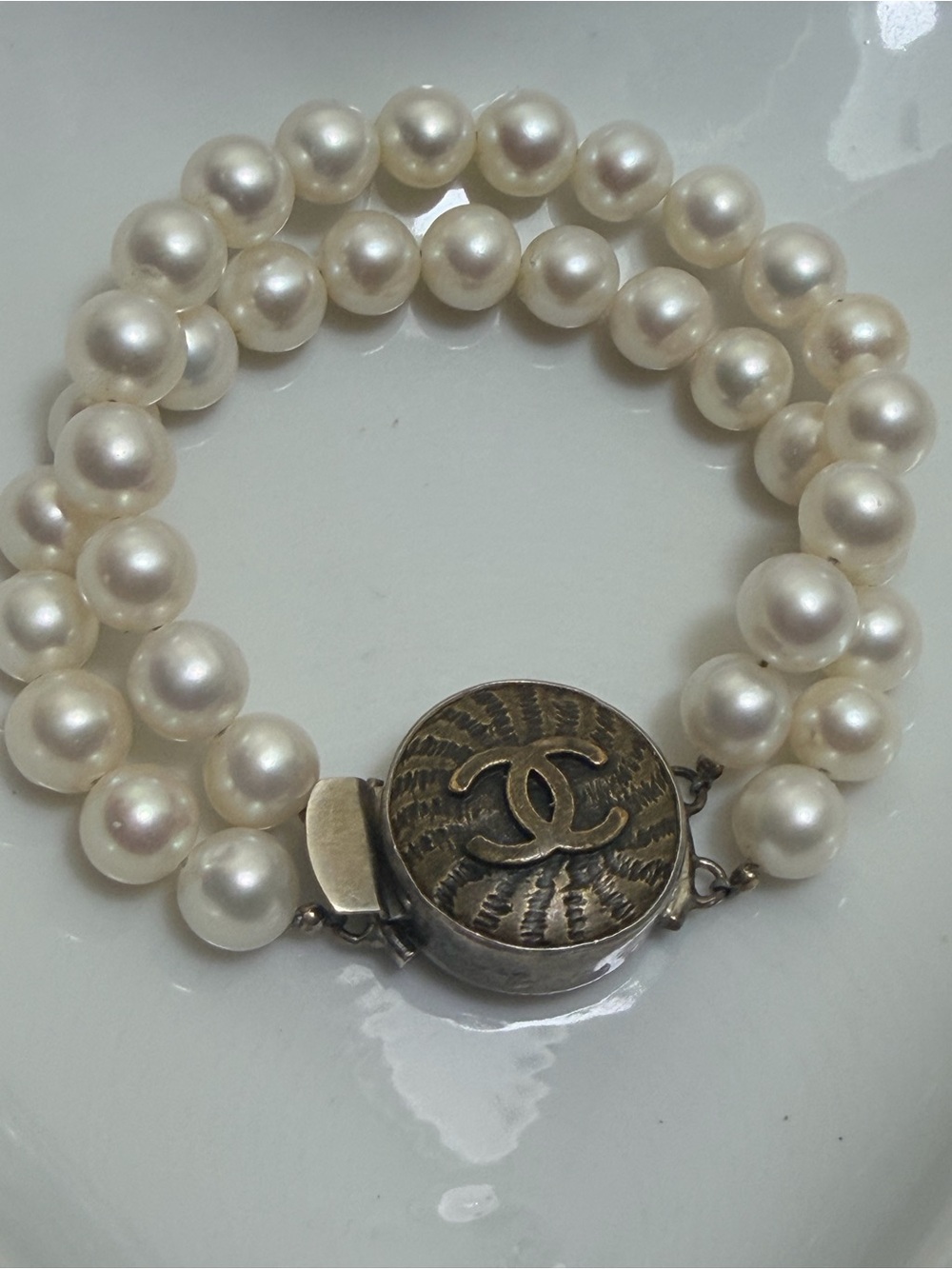 CHANEL Cream Pearl Double-Strand Bracelet with CC Medallion